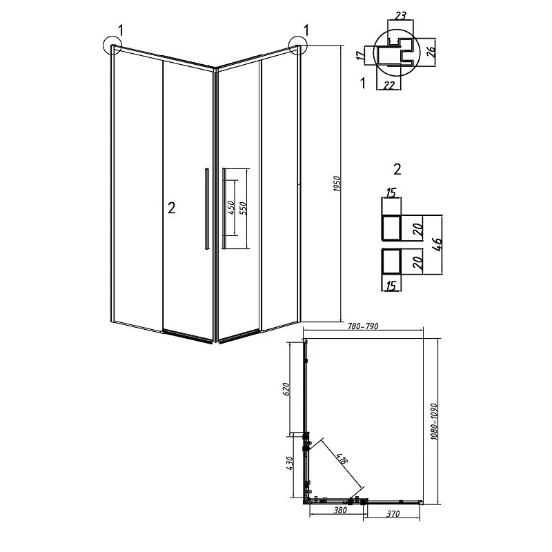 Душевой уголок Grossman 300.K33.01.1180.21.10 Galaxy (110*80*195) черный матовый, стекло тонированное, 2 мест