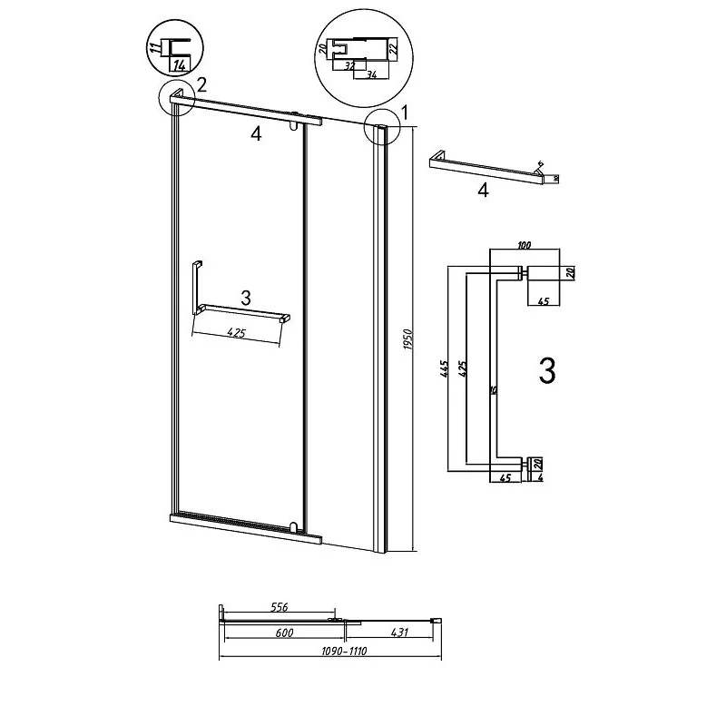 Дверь в нишу Grossman100.K33.03.110.21.00 Pragma (110*195) черный матовый, стекло прозрачное, 1 место