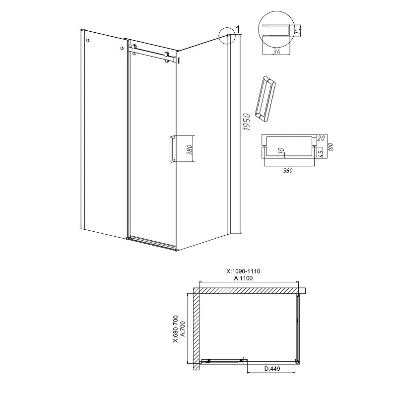 Душевой уголок Grossman 120.K33.04.1170.21.00 Classic (110*70*195) черный матовый, стекло прозрачное, 2 места