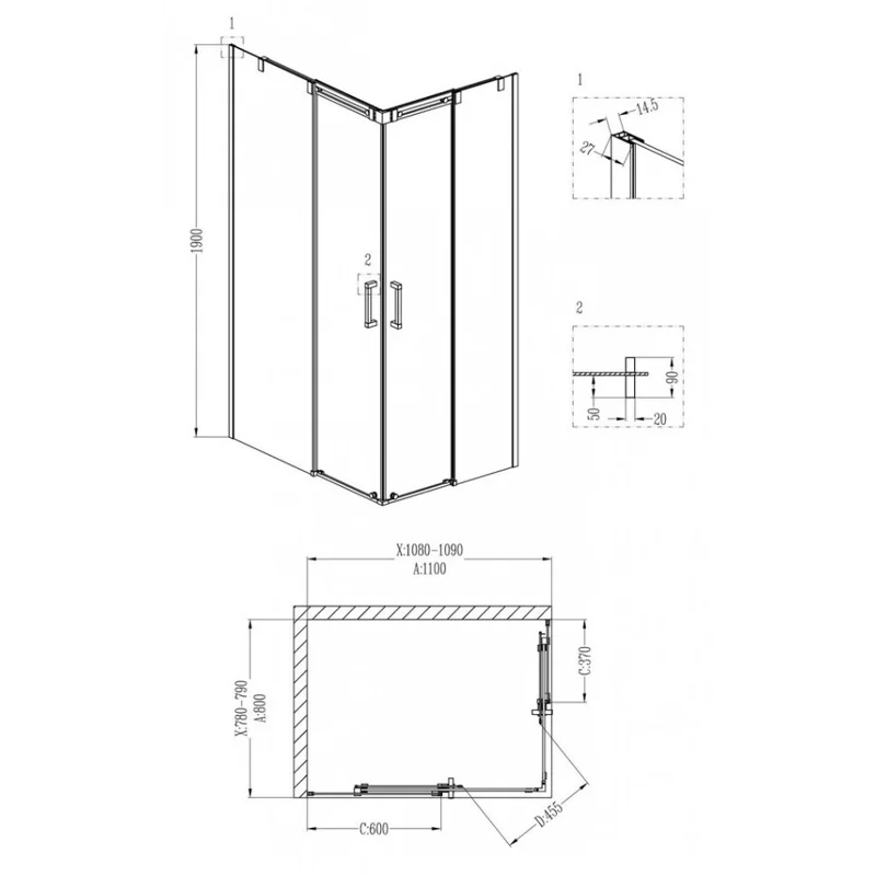 Душевой уголок Grossman GR-3110R Galaxy 110*80*190 прямоугольник, двери раздвижные 2 места