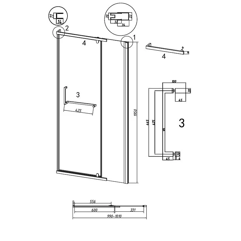 Дверь в нишу Grossman100.K33.03.100.21.02 Pragma (100*195) черный матовый, стекло шиншилла, 1 место