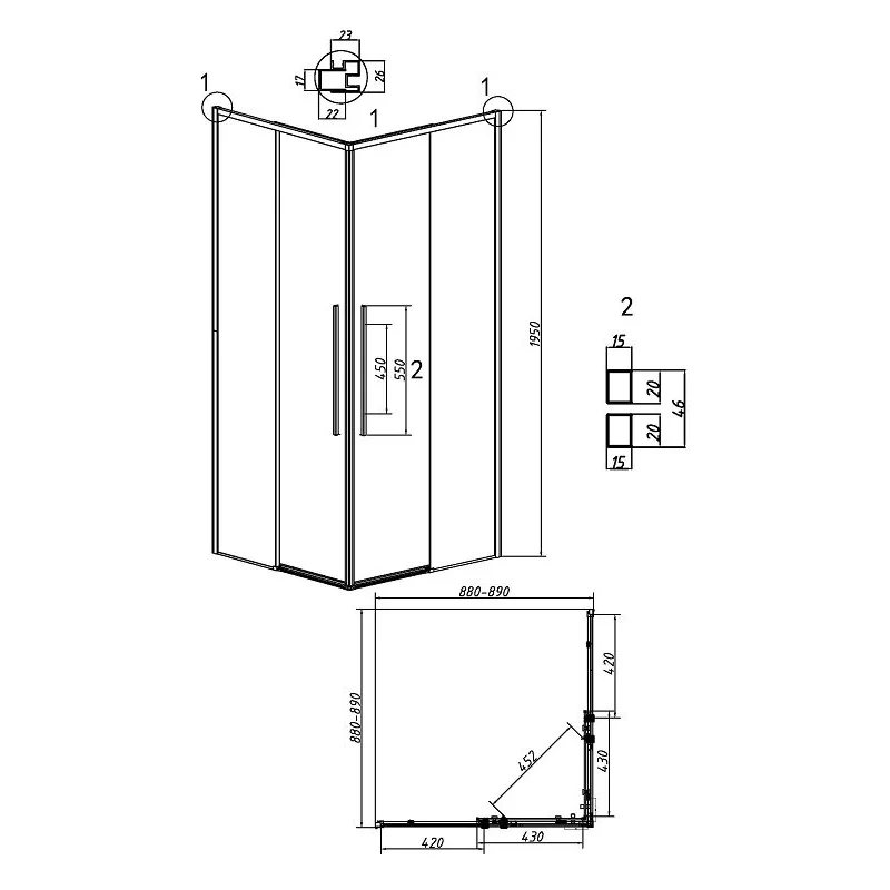 Душевой уголок Grossman 300.K33.01.9090.21.02 Galaxy (90*90*195) квадрат,раздвижн,черн.матов,стекло шиншилла
