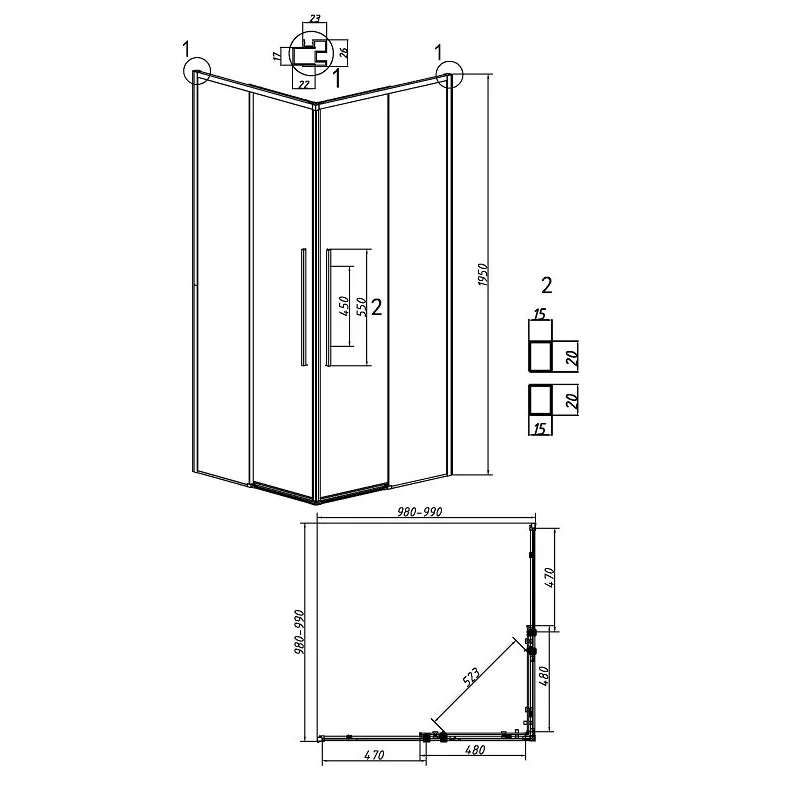 Душевой уголок Grossman 300.K33.01.1010.21.02 Galaxy (100*100*195) квадрат,раздвиж,черн.матов,стекло шиншилла