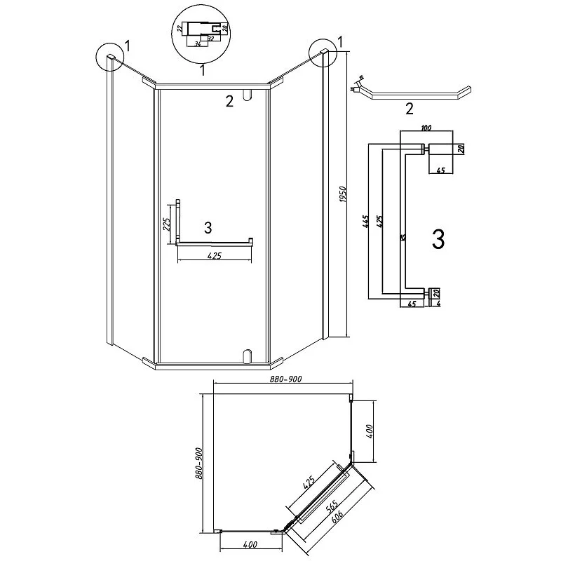 Душевой уголок Grossman 302.K33.03.9090.21.10 Pragma (90*90*195) трапеция,распашн,черн. матов,стекло тонирова