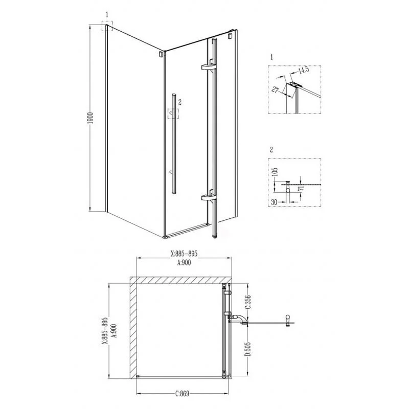 Душевой уголок Grossman GR-6090 Style 90*90*190 квадрат, дверь распашная 2 места