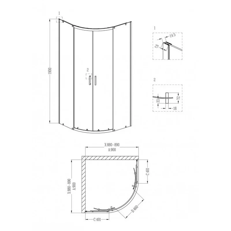Душевой уголок Grossman GR-0090 Classic 90*90*190 полукруг, двери раздвижные 1 место