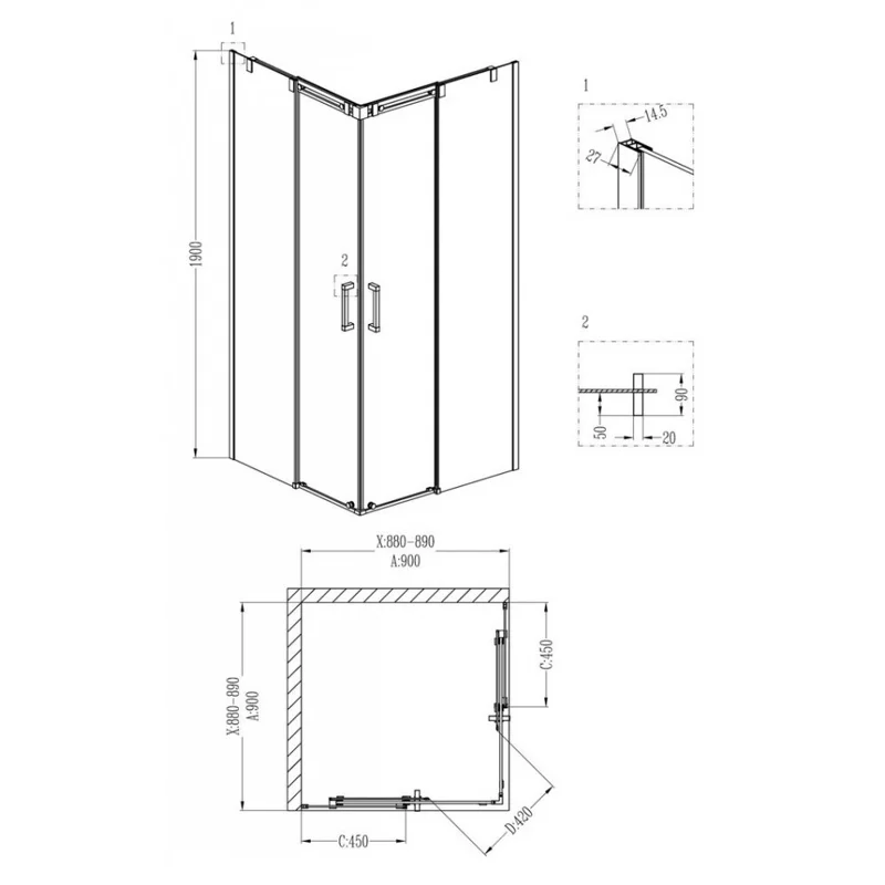Душевой уголок Grossman GR-3090 Galaxy 90*90*190 квадрат, двери раздвижные 2 места