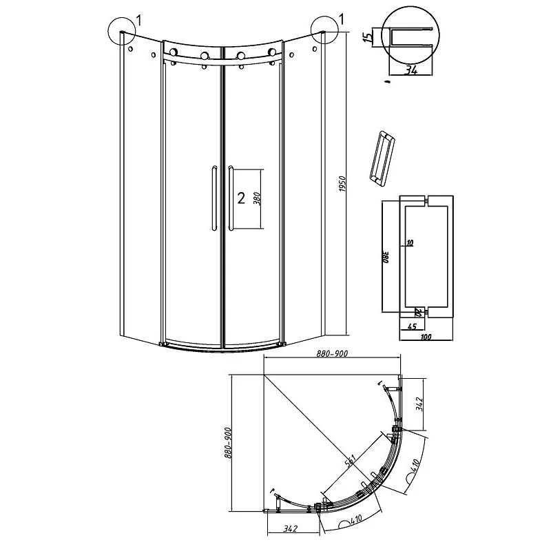 Душевой уголок Grossman 301.K33.04.9090.21.00 Classic (90*90*195) полукруг,раздвижн,черн.матов,стекло прозрач