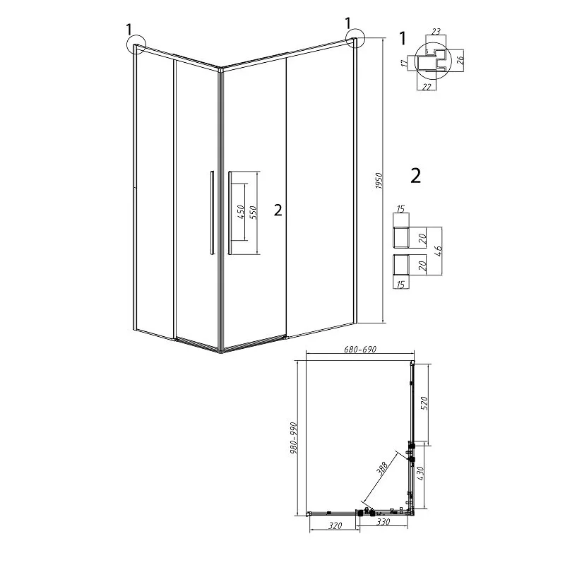 Душевой уголок Grossman 300.K33.01.1070.42.00 Galaxy (100*70*195) графит сатин, стекло прозрачное, 2 места