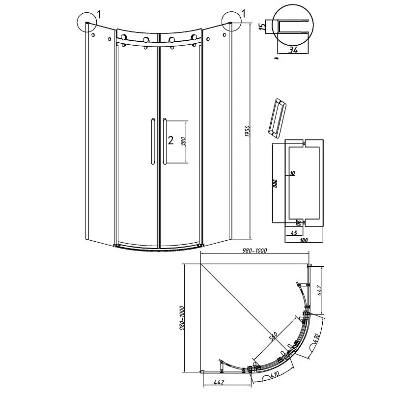 Душевой уголок Grossman 301.K33.04.1010.21.00 Classic (100*100*195) полукруг,раздвиж,черн.мат,стекло прозрачн