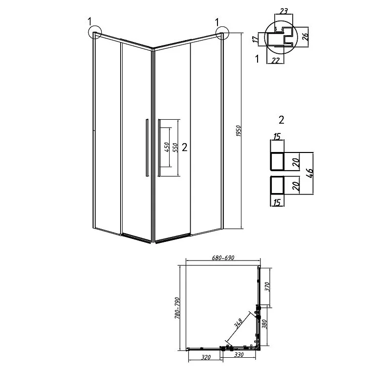 Душевой уголок Grossman 300.K33.01.8070.10.00 Galaxy (80*70*195) хром, стекло прозрачное, 2 места