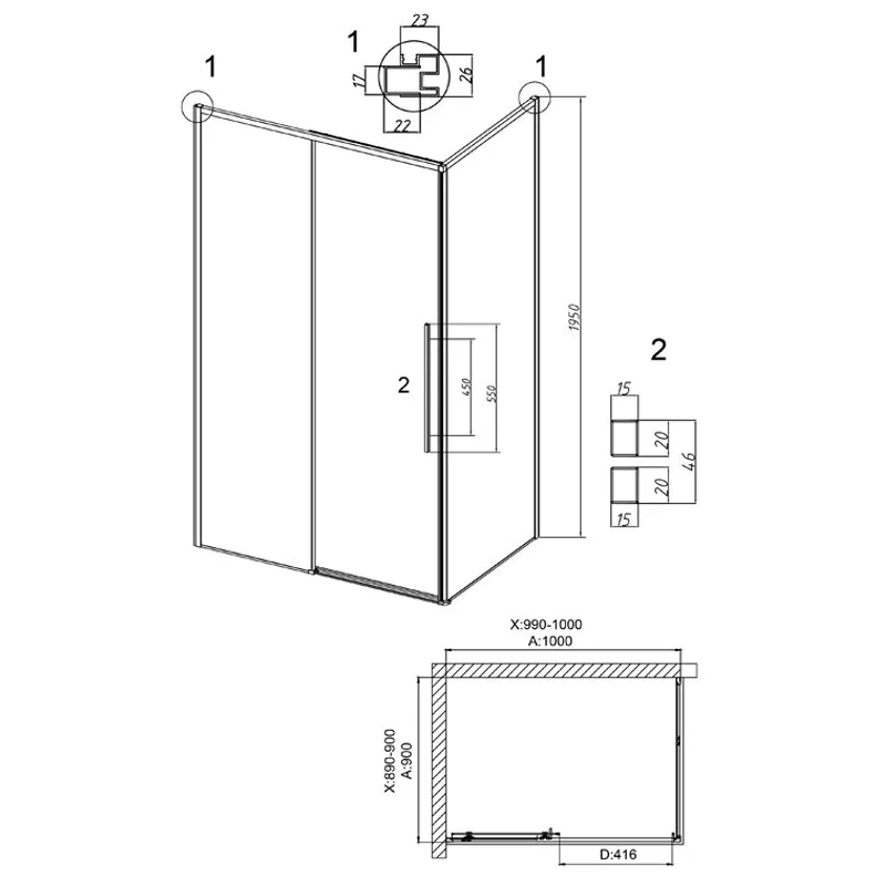 Душевой уголок Grossman 120.K33.01.1090.42.00 Galaxy (100*90*195) графит сатин, стекло прозрачное, 2 места