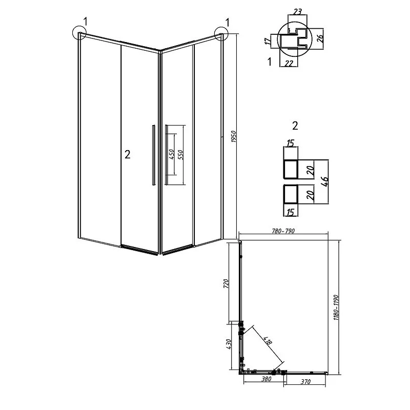 Душевой уголок Grossman 300.K33.01.1280.21.00 Galaxy (120*80*195) черный матовый, стекло прозрачное, 2 места