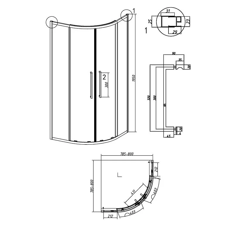 Душевой уголок Grossman 301.K33.02.8080.21.00 Cosmo (80*80*195) полукруг,раздвижн,черн.матов,стекло прозрачн.