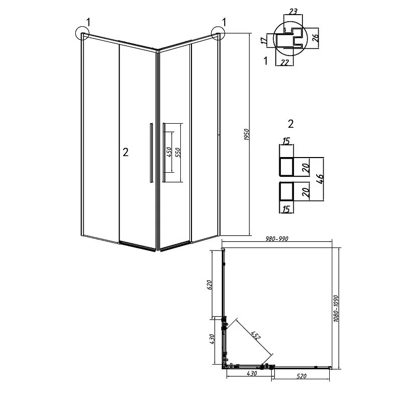 Душевой уголок Grossman 300.K33.01.1110.32.00 Galaxy (110*100*195) золото сатин, стекло прозрачное, 2 места