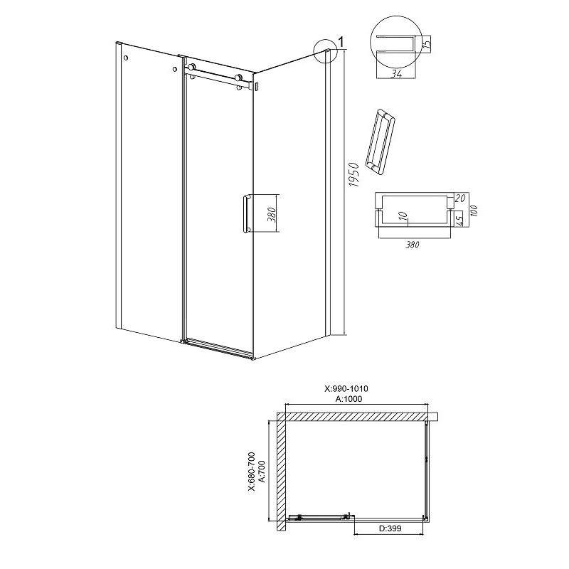 Душевой уголок Grossman 120.K33.04.1070.21.00 Classic (100*70*195) черный матовый, стекло прозрачное, 2 места