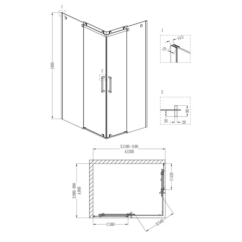 Душевой уголок Grossman GR-1120R Cosmo 120*90*190 прямоугольник, двери раздвижные 2 места