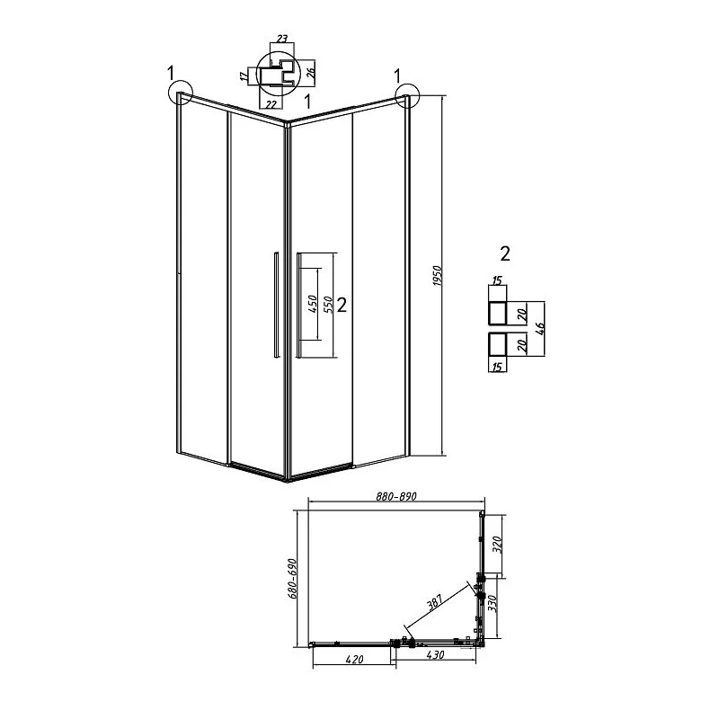 Душевой уголок Grossman 300.K33.01.9070.21.10 Galaxy (90*70*195) прямоуг.,раздвижн,черн. мат,стекло тонирован