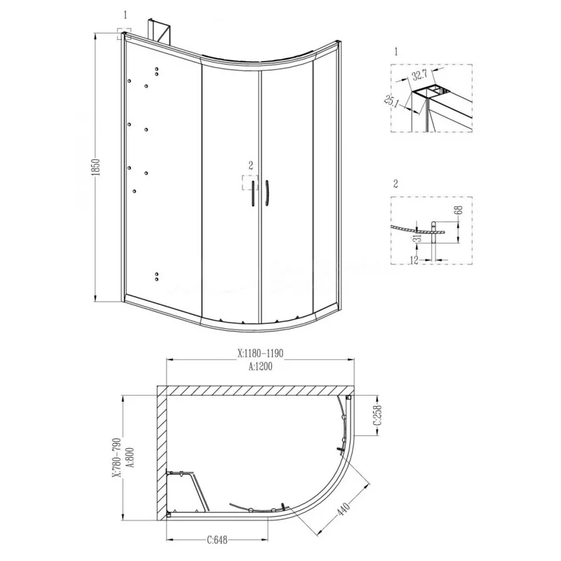 Душевой уголок Grossman GR-9120R Classic 120*80*185 с ПОДДОНОМ двери раздвижные 2 места