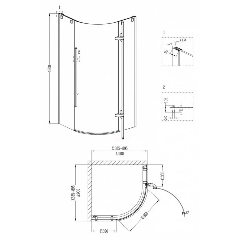 Душевой уголок Grossman GR-5090 Style 90*90*190 полукруг, дверь распашная 1 место
