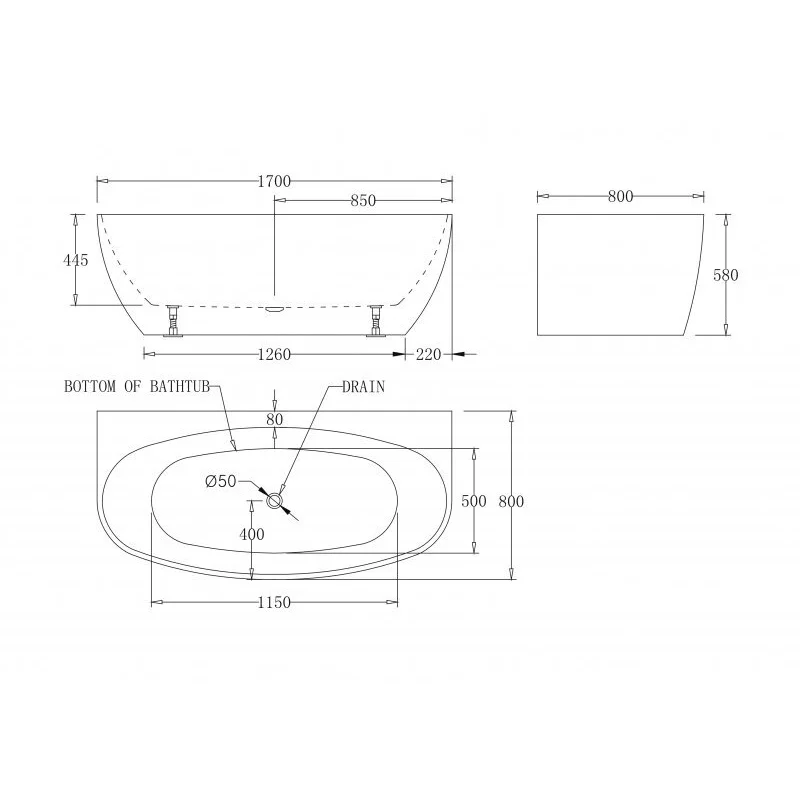 Акриловая ванна без перелива BELBAGNO BB83-1700-W0