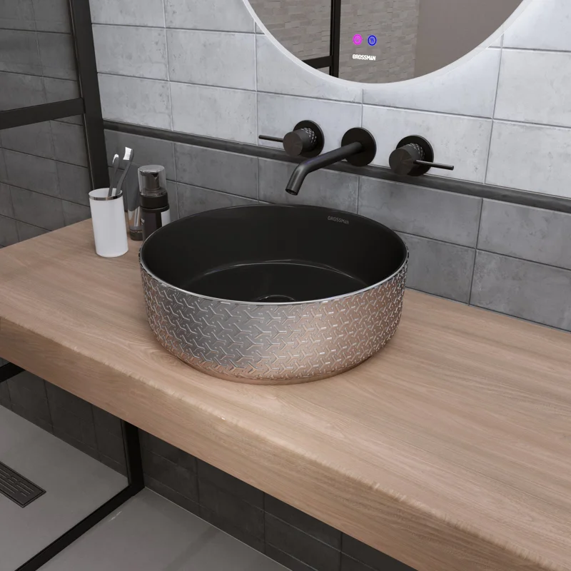 Раковина Grossman GR-5010SBR (355*355*115) СЕРЕБРО ЧЕРНАЯ внутри