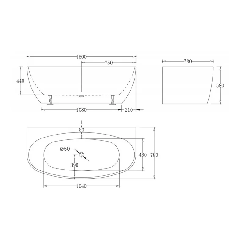 Акриловая ванна без перелива BELBAGNO BB83-1500-W0