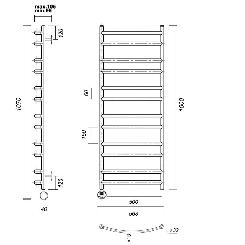 Электрический полотенцесушитель из нержавеющей стали с тэном domoterm калипсо п12 500x1000 el золото
