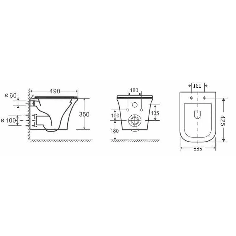 Унитаз GR-4463S Classic (490*335*350) подвесной БЕЗОБОДКОВЫЙ с тонкой крышкой, 1 место