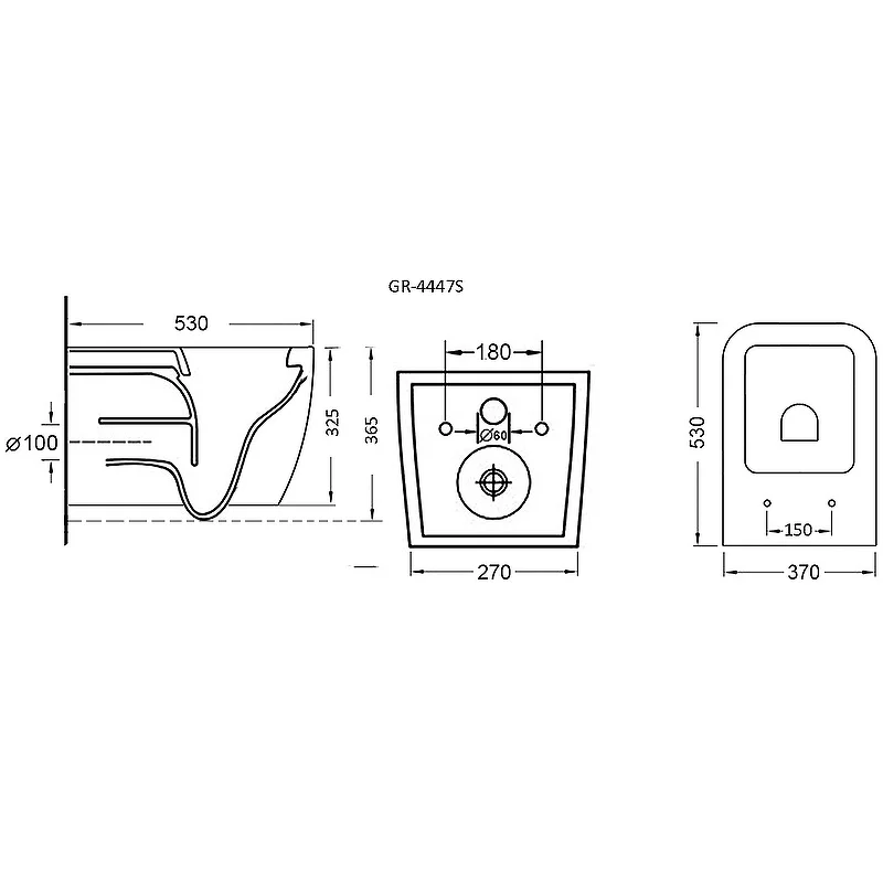 Унитаз GR-4447S (500*365*340) подвесной БЕЗОБОДКОВЫЙ с тонкой крышкой