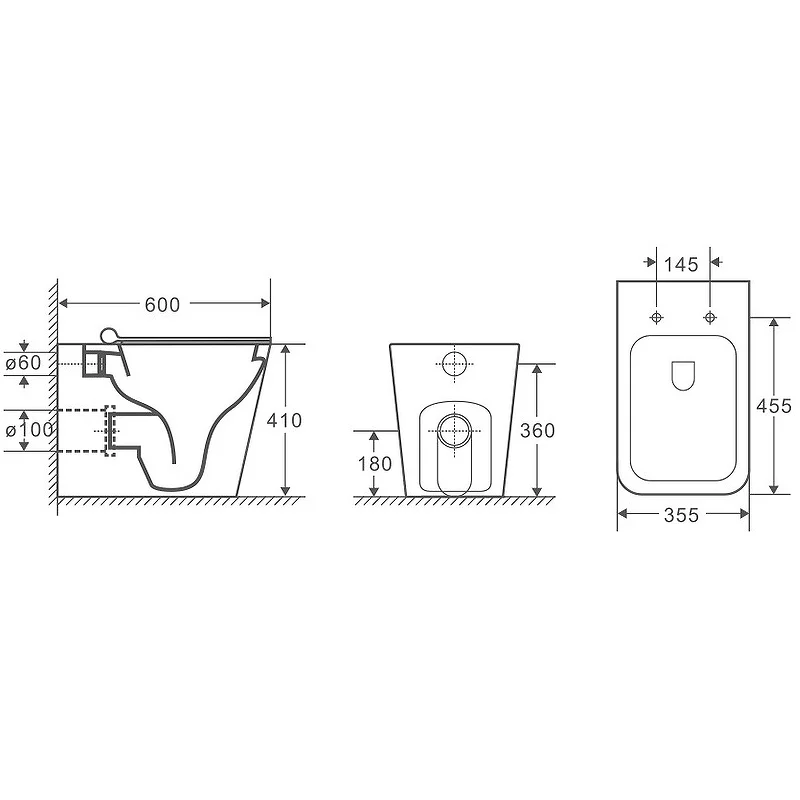 Унитаз GR-4414S (600*355*410) подвесной БЕЗОБОДКОВЫЙ с тонкой крышкой, 1 место