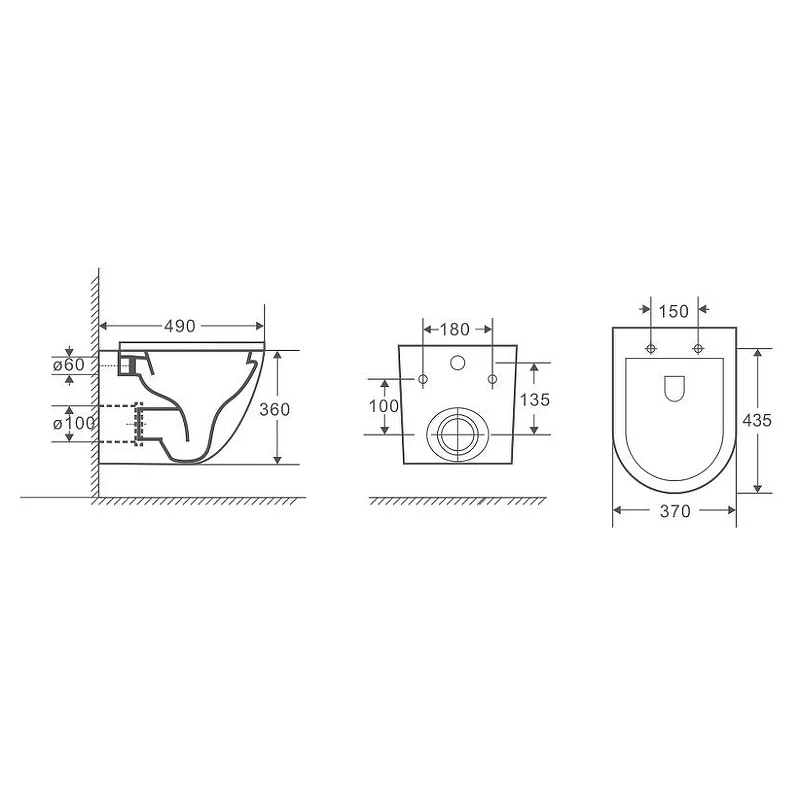 Унитаз GR-4455SQ (490*370*360) подвесной безободковый СМЫВ ТОРНАДО БЕСШУМНЫЙ 1 место