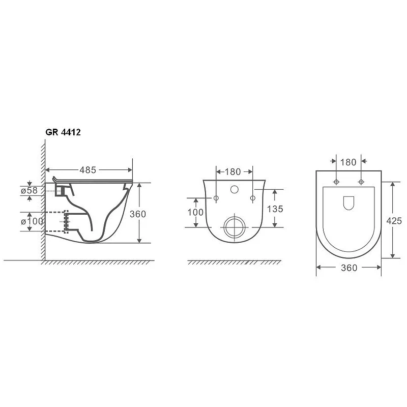 Унитаз GR-4412BMS (485*360*360) ЧЕРНЫЙ МАТОВЫЙ подвесной БЕЗОБОДКОВЫЙ с тонкой крышкой, 1 место