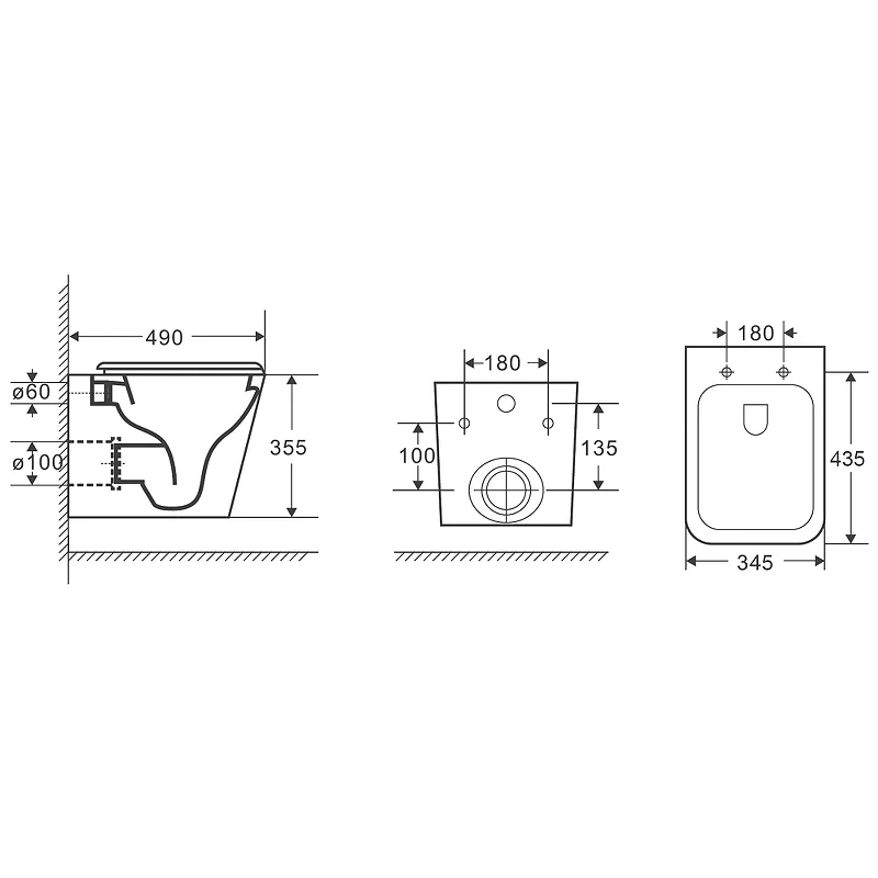 Унитаз GR-4479SQ (490*345*355) подвесной безободковый СМЫВ ТОРНАДО БЕСШУМНЫЙ 1 место