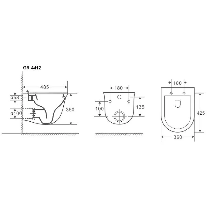 Унитаз GR-4412MS (485*360*360) МАТОВЫЙ подвесной БЕЗОБОДКОВЫЙ с тонкой крышкой, 1 место