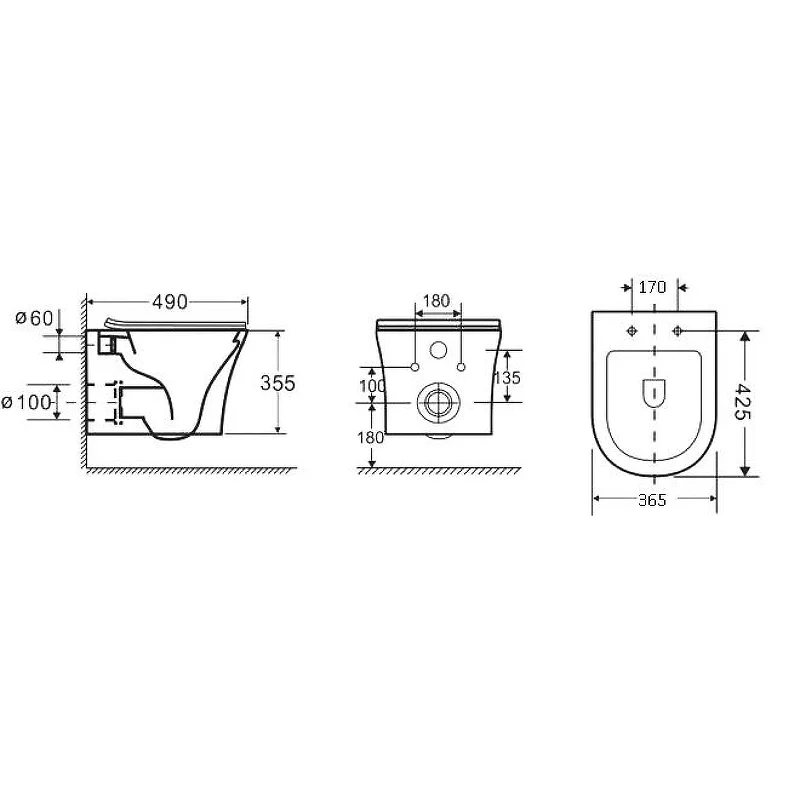 Унитаз  GR-4475S Style (490*365*355) подвесной БЕЗОБОДКОВЫЙ с тонкой крышкой, 1 место