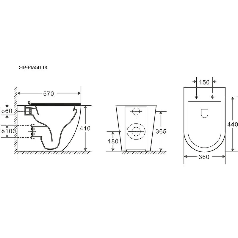 Унитаз GR-PR4411S (570*360*410) БЕЛЫЙ приставной БЕЗОБОДКОВЫЙ с тонкой крышкой, 1 место