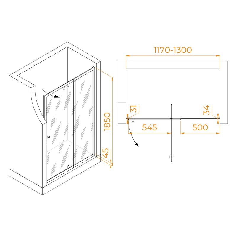 Душевая дверь RGW PA-02B NEW, 120 х 185 см, стекло прозрачное, профиль черный, 41080212-14