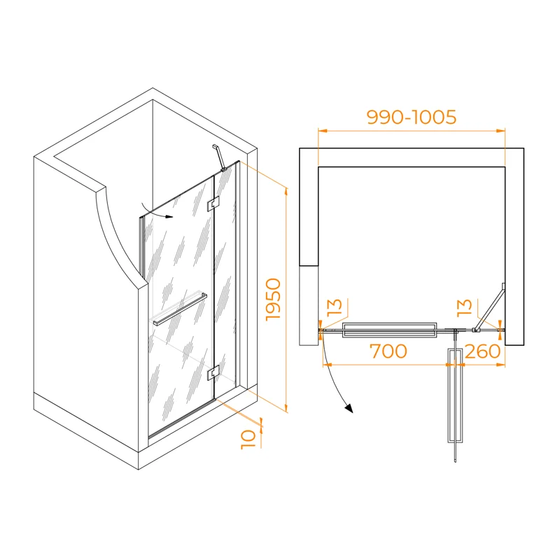 Душевая дверь распашная RGW HO-008 профиль Хром, стекло Прозрачное, 100х195см