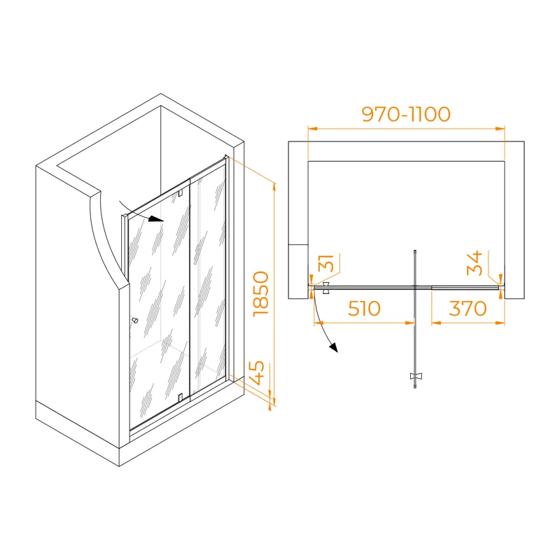 Душевая дверь RGW PA-02B NEW, 100 х 185 см, стекло прозрачное, профиль черный, 41080200-14