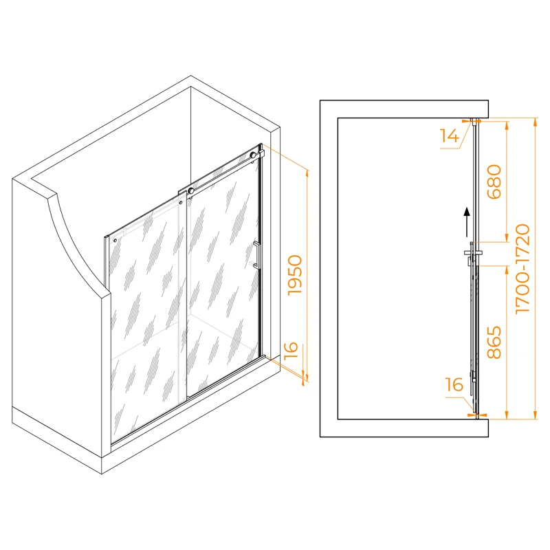 Душевая дверь RGW TO-14B, 170 х 195 см раздвижная, стекло прозрачное, профиль черный, 02071417-14