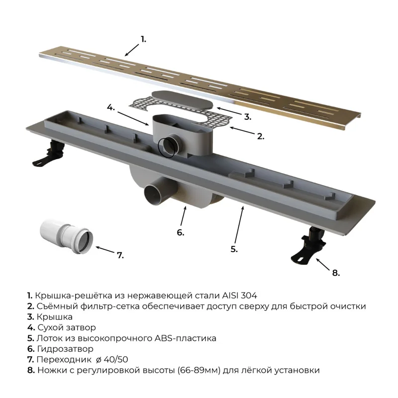 Дренажный канал RGW Drain Leo-10 60211060-01, 80 см, с решеткой из нержавеющей стали, хром