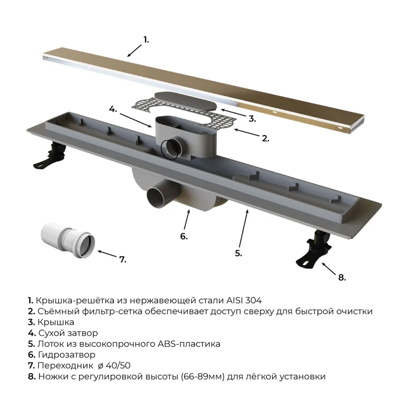 Дренажный канал RGW Drain Leo-11 60211160-01, 60 см, с решеткой под плитку, хром