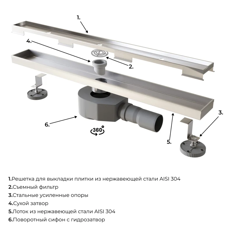 Дренажный канал RGW SDR-08 21210880-011, 80 см, с решеткой под плитку, хром