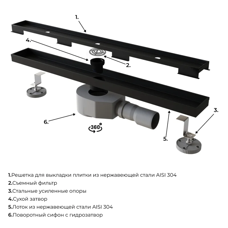Дренажный канал RGW SDR-08B 21210860-014, 60 см, с решеткой под плитку, черный