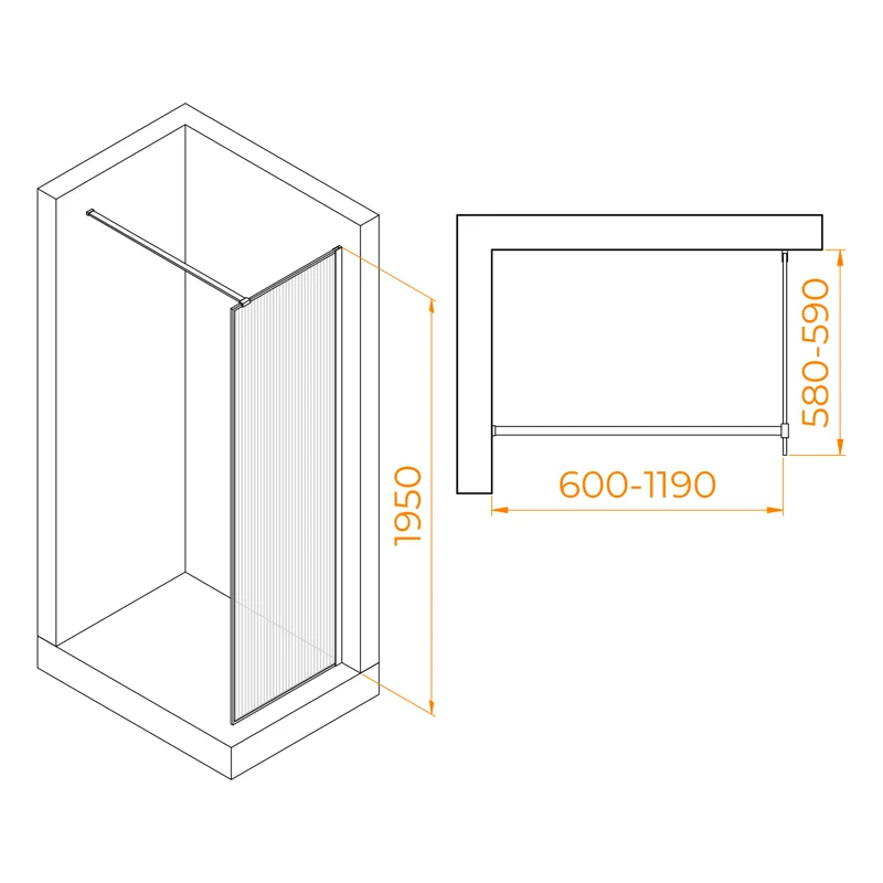 Душевая стенка RGW WA-08B Walk In, 60 см, стекло ribbed ребристое, профиль черный, 06100806-154