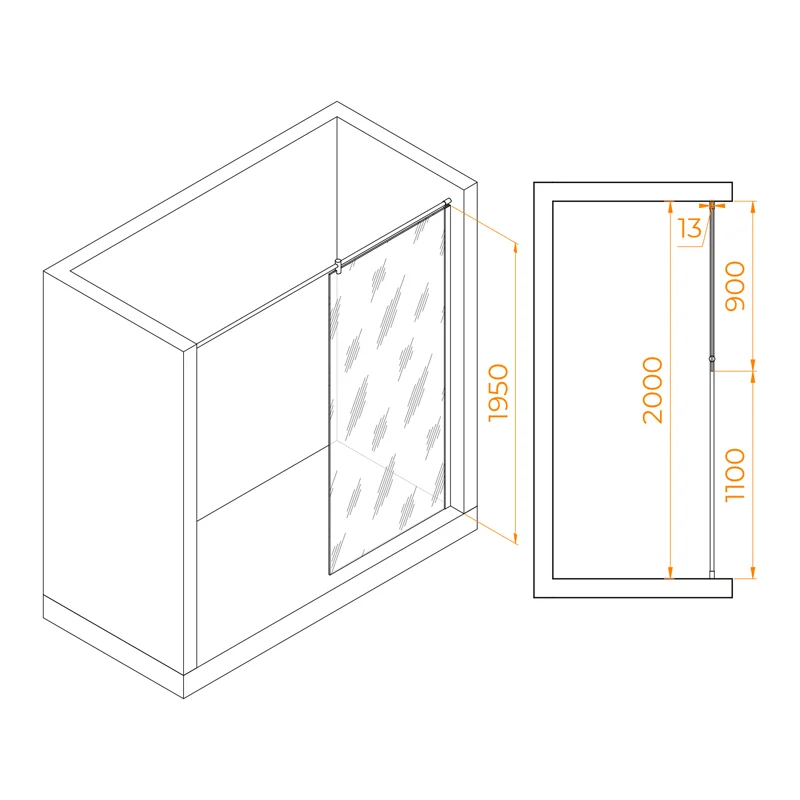 Душевая перегородка RGW WA-034 Walk In, в нишу 200 см, стекло прозрачное 90 см, профиль хром, 351003409-11