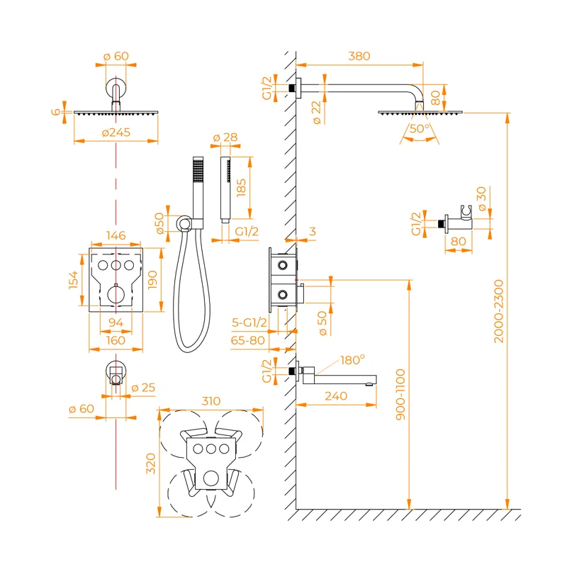 Душевая система RGW Shower Panels 511408370-01 SP-370, скрытый монтаж, с изливом, хром