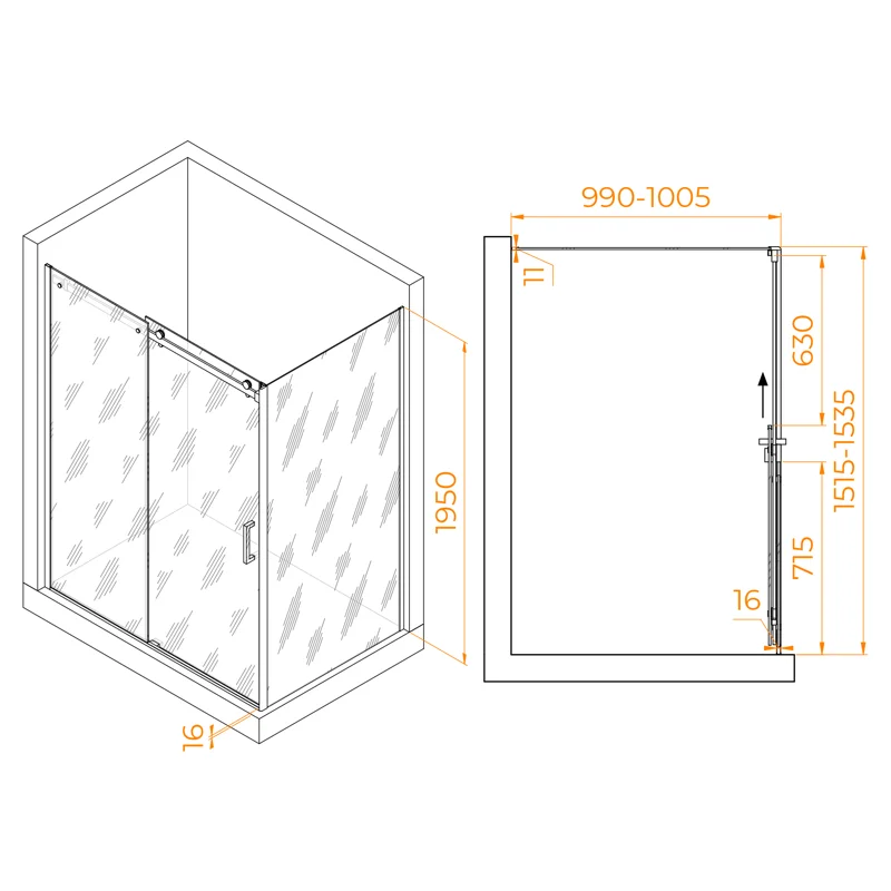 Душевой уголок RGW TO-44-1 (TO-14 + Z-060-2), 150 x 100 см, дверь раздвижная, стекло прозрачное, хром, 020744150-11