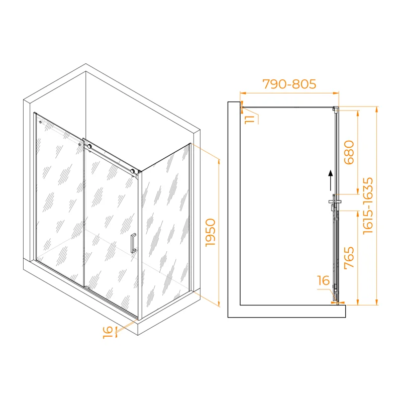 Душевой уголок RGW TO-44-1 (TO-14 + Z-060-2), 160 x 80 см, дверь раздвижная, стекло прозрачное, профиль хром, 020744168-11